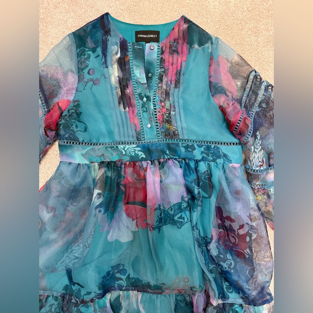 Cynthia Rowley Teal Watercolor Organza Mini Dress - size Small - PRISTINE - Picture 5 of 15